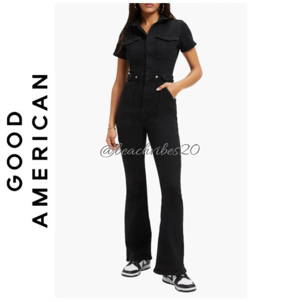 GOOD AMERICAN Fit for Success Bootcut Jumpsuit Black001 Medium NWT O-472